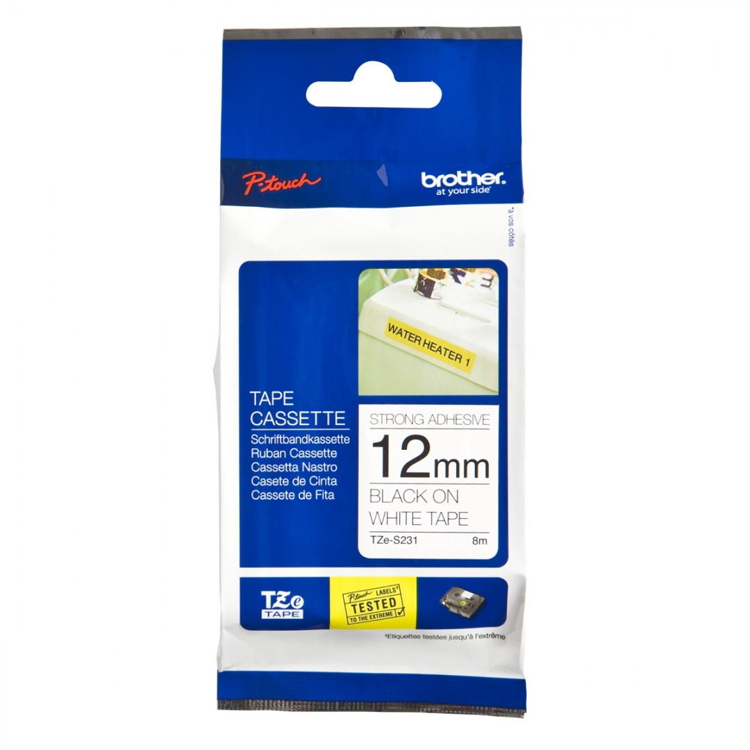 BROTHER P-TOUCH TZE-S231 TZE-TAPE 12MM BEYAZ ÜZERİNE SİYAH GÜÇLÜ YAPIŞKANLI LAMİNASYONLU ETİKET