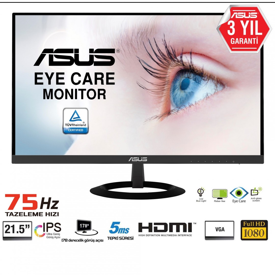 ASUS 21.5" IPS VA229HR 5MS 75HZ HDMI 1920x1080 MONİTÖR SİYAH