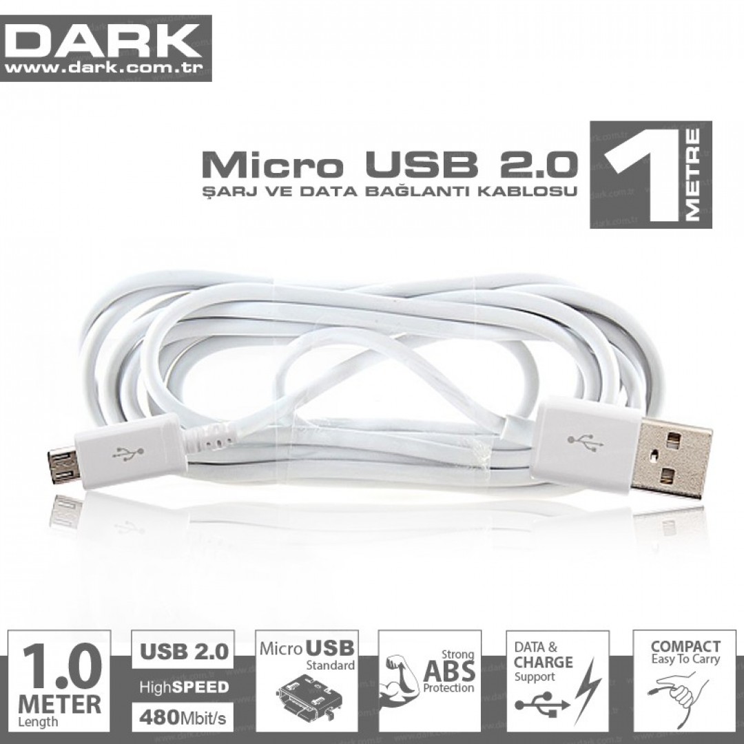 Dark Micro USB 2.0 - USB 2.0 100cm Yüksek Kaliteli Şarj ve Data Kablosu (Beyaz)