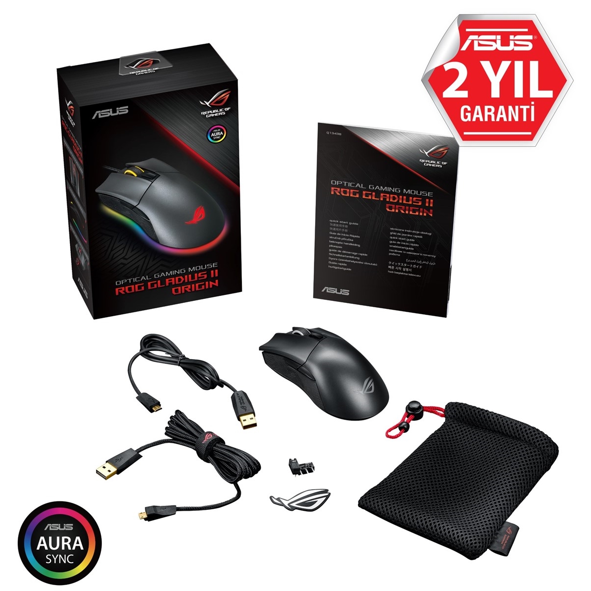 ASUS ROG Gladius II Origin FPS Oyuncu Mouse 12000 DPI Sensor Aura Sync RGB Örgülü Kablo