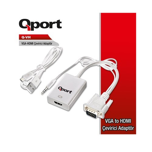 QPORT 0.15metre Q-VH Vga & HDMI Görüntü Adaptörü Beyaz Sesli 1080p