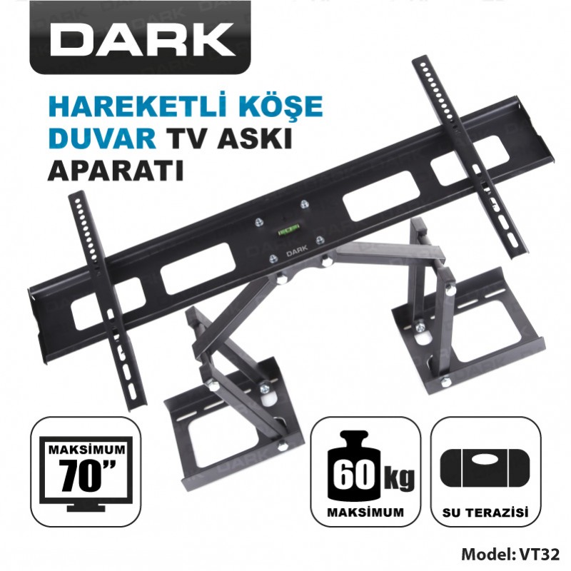 Dark 37"- 70" Çift Noktadan Hareketli Köşe ve Duvar Tipi,TV Askı Aparatı 