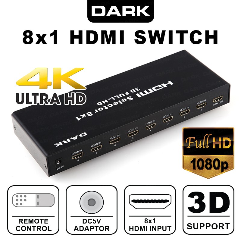 Dark DK-HD-SW8X1 Full HD 8 Giriş 1 Çıkışlı Uzaktan Kumandalı HDMI Switch (Seçici)