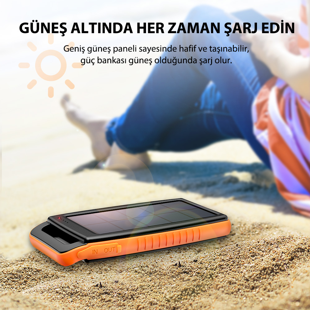 RAVPOWER 15000mAh RP-PB003 Mobil Şarj Kiti (PowerBank) Turuncu Güneş Enerjili ve Led Işıklı