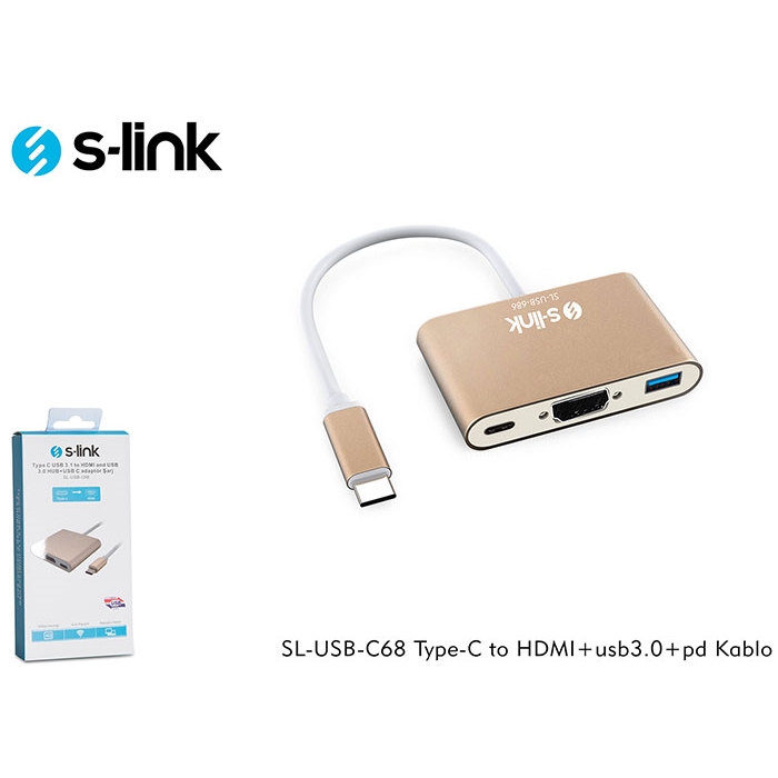 S-LINK 0.15metre SL-USB-C68 Type-C - HDMI-USB 3.0 Çevirici Adaptör Gold 4K